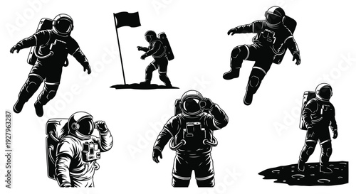 Astronauts exploring space and planting a flag a striking silhouette