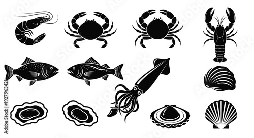Variety of seafood illustrations including fish crustaceans and shellfish silhouette