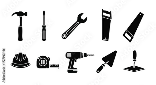 Black silhouettes of various construction tools and safety equipment silhouette