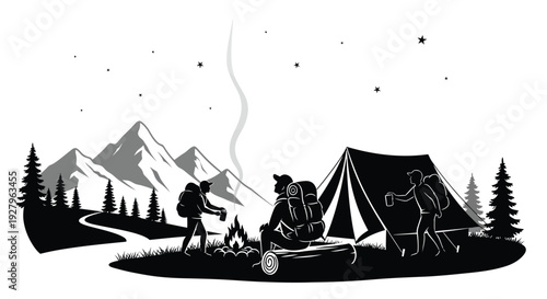Campers enjoying a nighttime scene with mountains and a campfire silhouette
