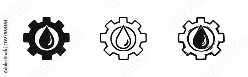 Gear with Oil Drop Icon Set - Engine Lubrication Symbol, Service, Maintenance, Industrial Black Vector Illustration