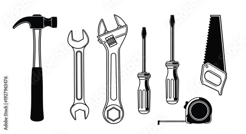 Black and white illustration of common hand tools in a stark silhouette