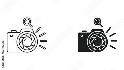 Camera icons with magnifying glass and light rays