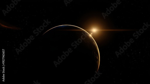 Distant planet silhouette with glowing sunrise and starry space background