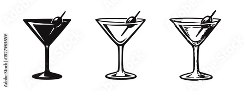 Martini Glass with Olive Icon Set - Classic Cocktail Drink Symbol, Alcohol Beverage Black Vector Illustration