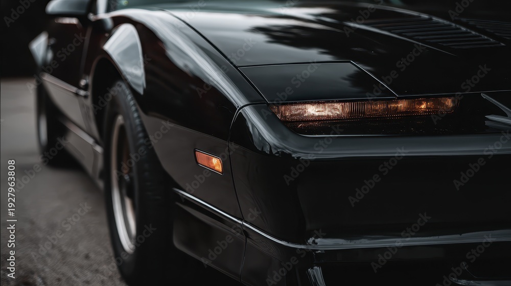 Fototapeta premium Black sports car front end close-up with headlights and reflections
