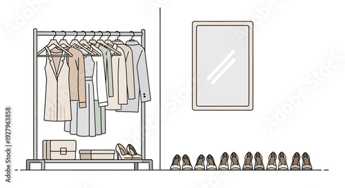 Simple line drawing of clothing rack with clothes and shoes.
