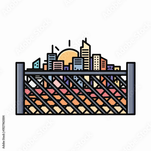 City Skyline View from Metal Fence.