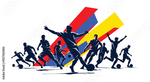 Group of soccer players in action silhouettes with colorful stripes