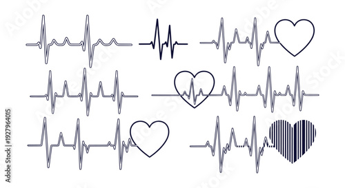 Dynamic Heartbeat ECG Pulse Line Medical Graphic Love Symbol Vector Illustration Set