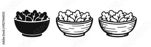 Bowl of Salad Icon Set - Fresh Green Leaves, Healthy Food, Vegetable Diet Black Vector Illustration
