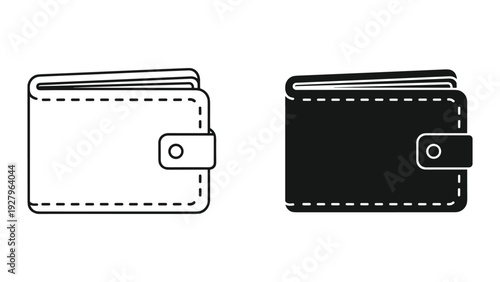 Bifold Wallet Icons: Black and White Line Art and Silhouette. Financial and Shopping Symbol.