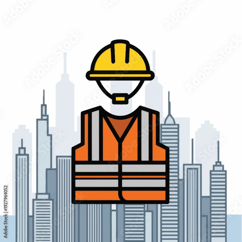 Construction Worker Wearing Hard Hat Safety Vest.