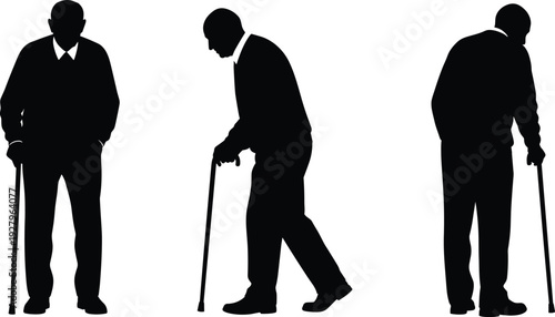 Comprehensive Elderly Man Silhouette Set Featuring Vector Symbols of Senior Citizen Walking with Stick Front Side Back View