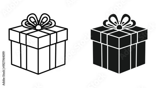 Gift Box Icon Set: Line Art and Silhouette of Wrapped Present with Ribbon