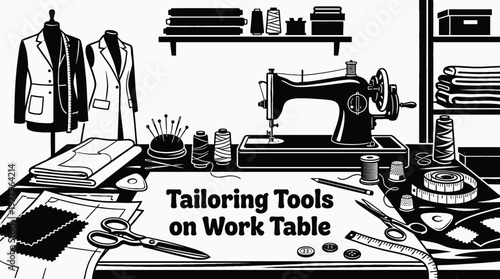Tailoring tools on a work table black and white vector representing craftsmanship sewing process and clothing production workflow