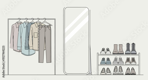 Simple line drawing of clothing store display with clothes, mirror, and shoes.