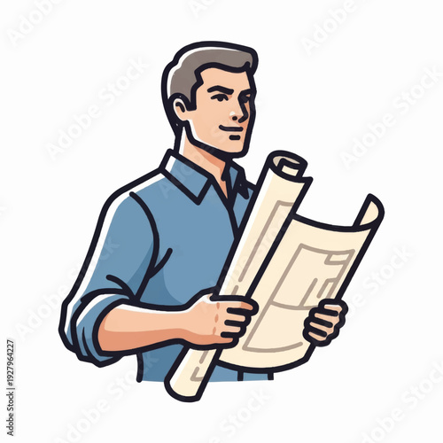 Man Holding Blueprint and Examining Plans.