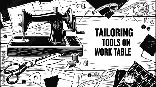 Tailoring tools on a work table black and white vector representing craftsmanship sewing process and clothing production workflow