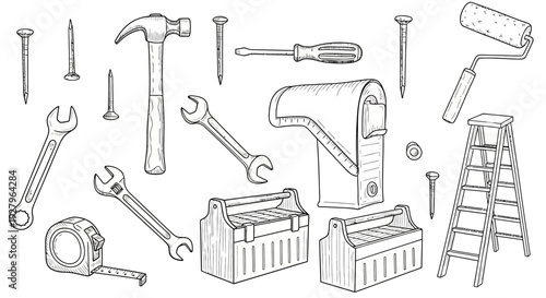 Hand Tools Line Art Set with Hammer, Wrench, Toolbox and Ladder