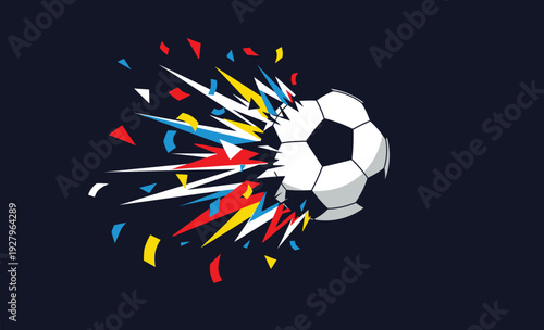Abstract explosion of a soccer ball with colorful geometric shards
