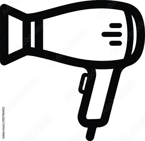 Modern black and white illustration of a hairdryer, a common household appliance used for drying hair quickly and efficiently