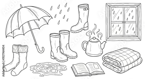 Cozy Rainy Day Line Art Set with Umbrella, Boots, Tea and Blanket