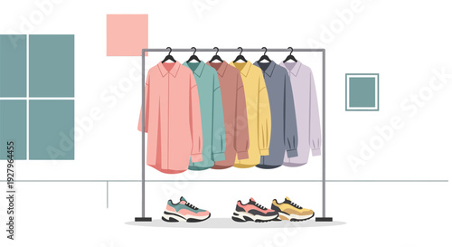 Fashionable clothing and shoes on a rack in a minimalist setting.