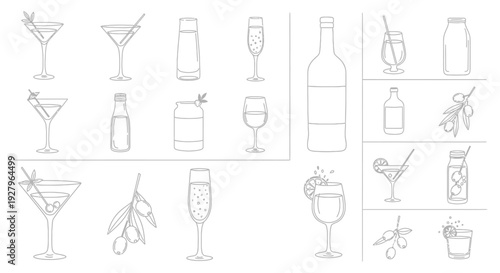 Cocktail and Bar Line Icons Collection with Drinks, Glasses and Bottles