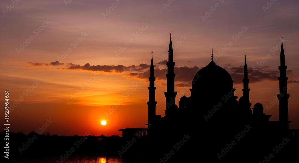 Obraz premium A breathtaking sunset paints the sky with fiery hues behind the majestic silhouette of a grand mosque, creating a serene and spiritual landscape at dusk as reflections dance on the water