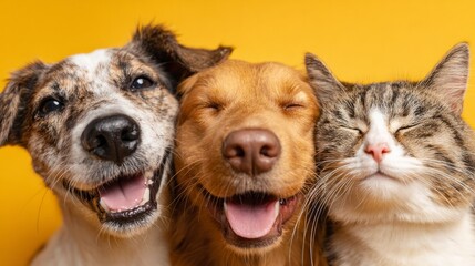 Veterinarian banner with pets, happy fluffy dogs and cat in veterinary clinic. Medical care for domestic animals