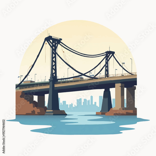 Suspension Bridge over Waterway with Cityscape.