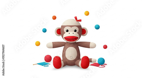 Sock Monkey Day Cute Classic Toy with Yarn Balls and Knitting Accessories Vector Illustration