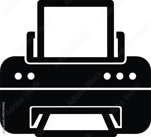 A black and white graphic illustration of a printer, a common office or home electronic device used for printing documents and images