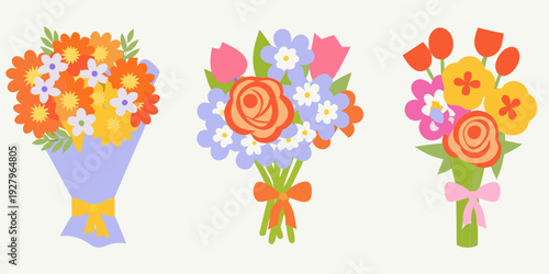 Three colorful bouquets of flowers arranged in a simple flat design