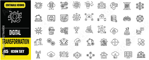 Digital Transformation Outline Icon Set, Business Innovation, Cloud Computing, Automation, AI Technology, Data Analytics, Industry 4.0, Linear Editable Stroke Vector Illustration