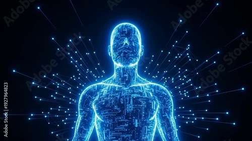 Glowing Digital Form Human Body On Dark Background Emitting Light Beams Technology Ai Futuristic Concepts For Use As Background