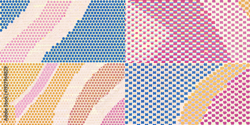 Colorful abstract pattern of woven textile blocks and geometric shapes