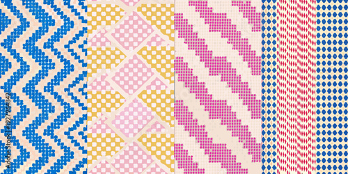 Four colorful patterned sections resembling woven or pixelated textiles