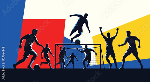 Soccer players silhouettes playing match on abstract background