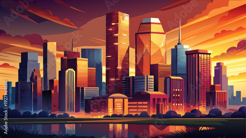 Very beautiful sunset portrait of Houston Downtown skyscrapers glowing in warm orange light, dramatic Texas sky reflecting across polished glass towers.