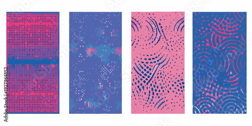 Abstract vertical panels featuring textured patterns in pink and blue hues