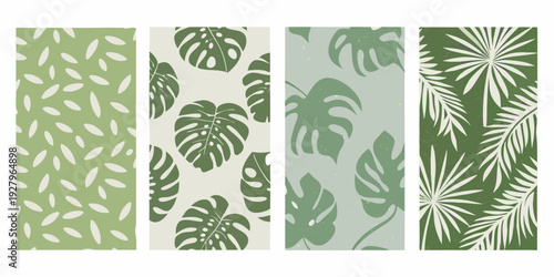Four vertical panels displaying different tropical leaf patterns in green