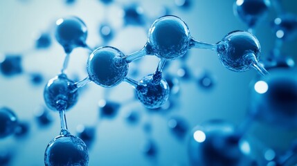 Molecule structure formed by blue spheres interconnected against a blue background exhibiting a scientific theme