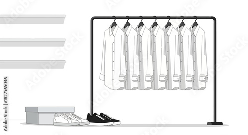 Minimalist clothing rack with shirts and shoes in a clean white space.