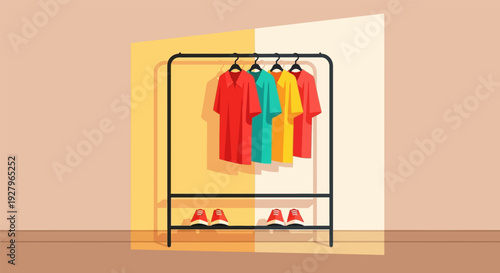 Colorful clothes hanging on a rack with shoes underneath in a minimalist setting.