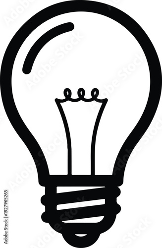 Simple black and white outline illustration of a classic light bulb, symbolizing ideas, creativity, and innovation