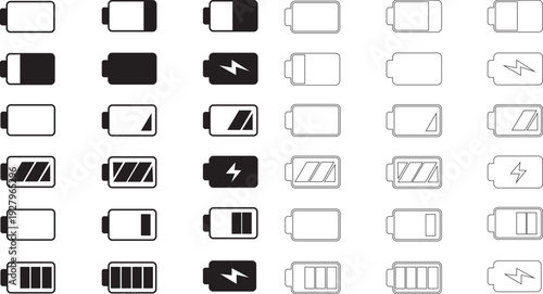Battery status icon set collection, charging level indicator symbols with low, medium, full power and lightning bolt in solid and outline style vector isolated on transparent background