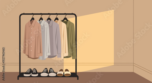 Clothing rack with dresses and shoes in a minimalist room.