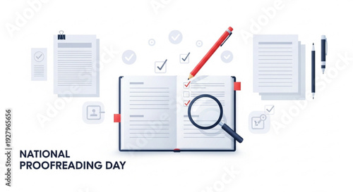 National Proofreading Day Editing Notebook with Red Pencil Magnifying Glass and Stationery Vector Illustration